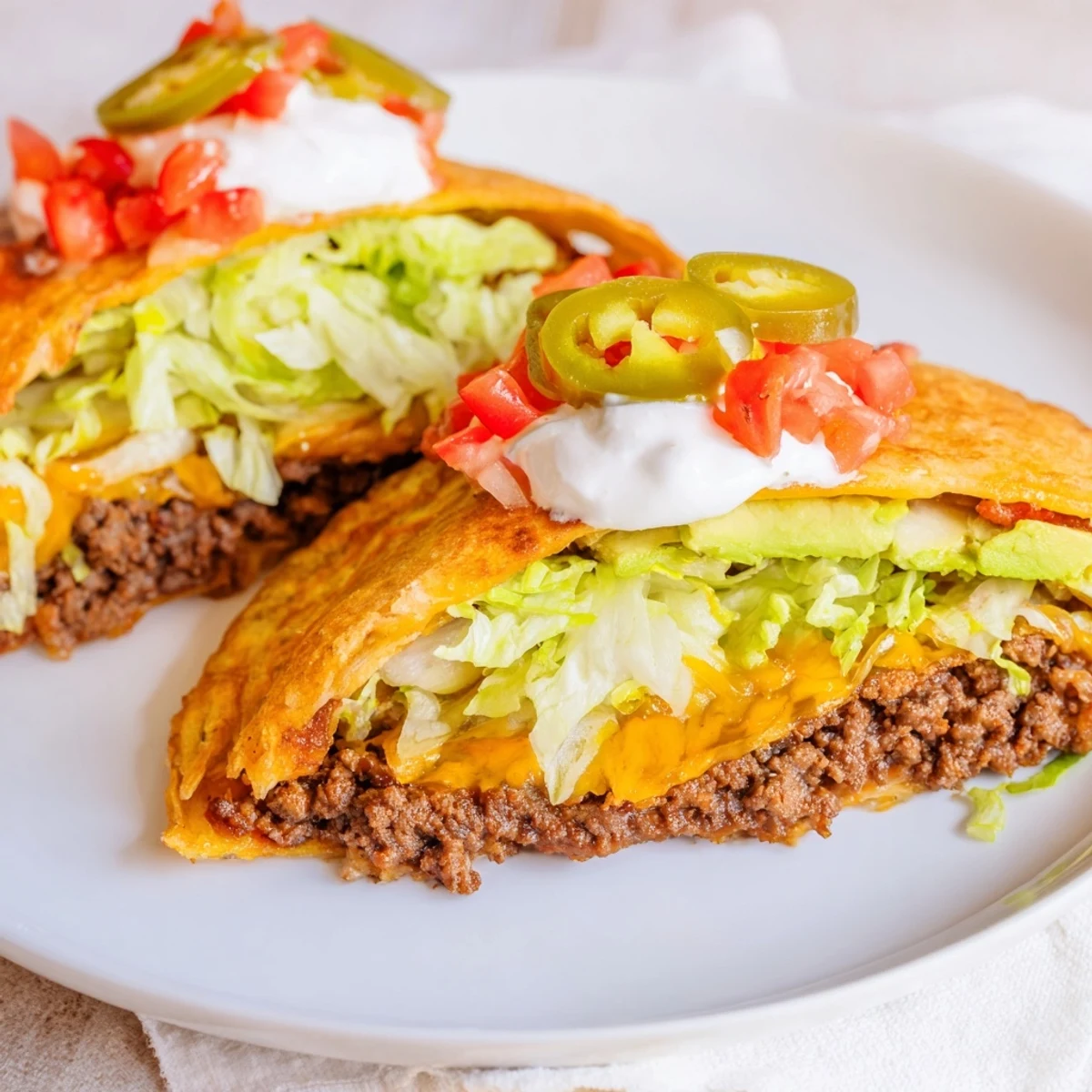 Golden keto crunchwrap featuring seasoned beef, melted cheddar, crisp lettuce and ripe tomatoes