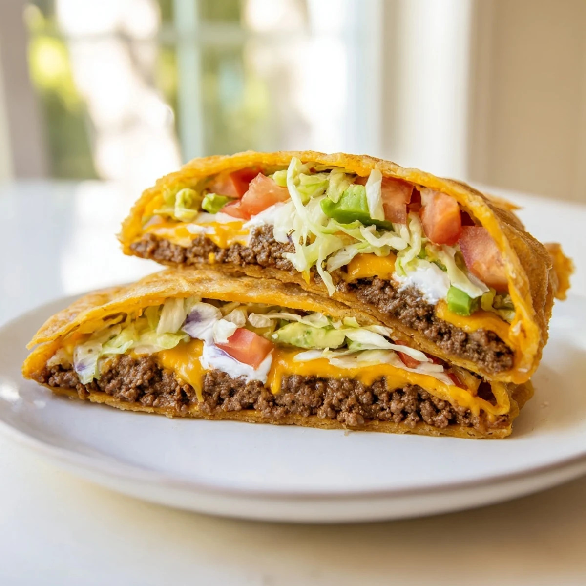 Crispy keto crunchwrap skillet-toasted to golden brown with layered ground beef and fresh vegetables