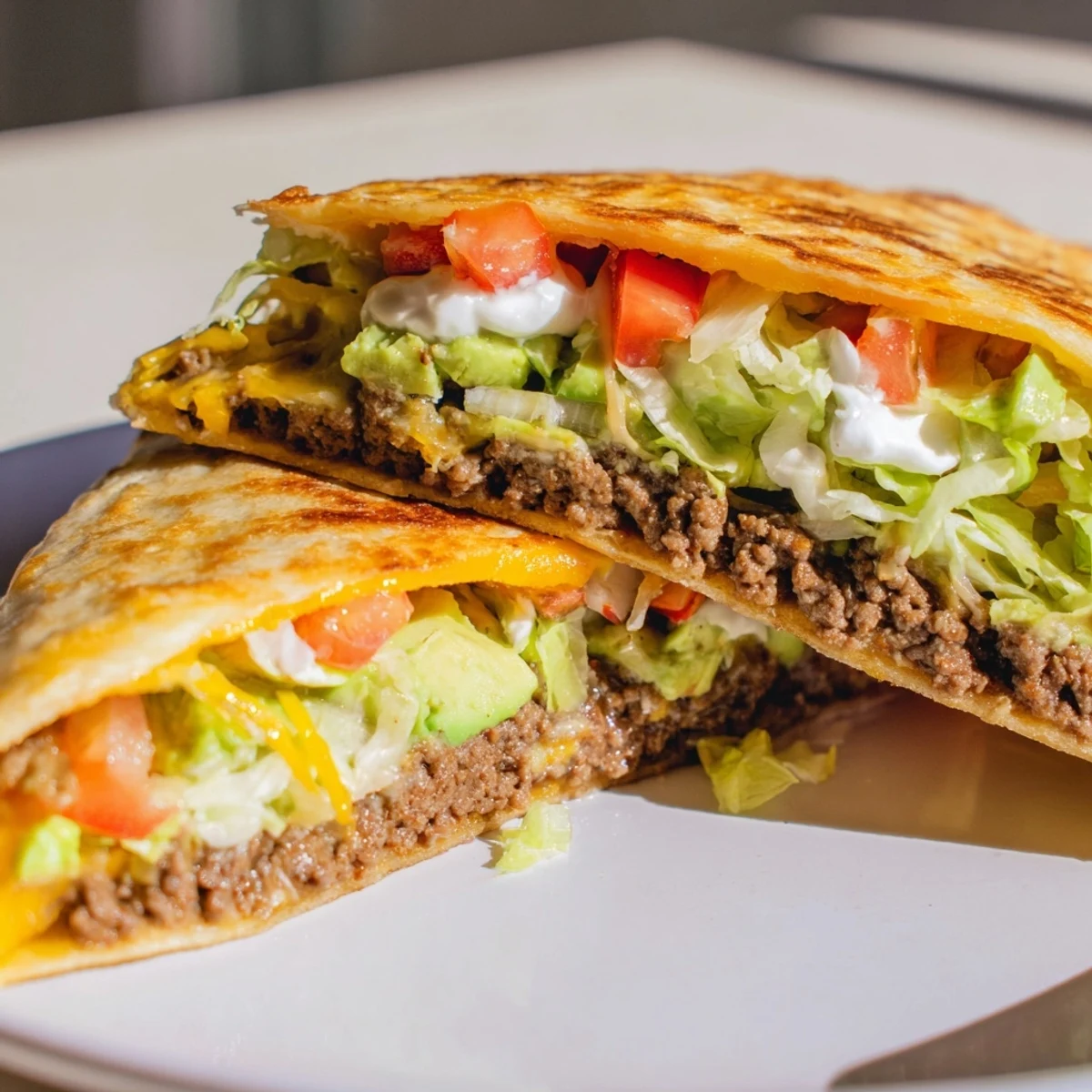 Low-carb keto crunchwrap folded into a triangle with creamy sour cream and sliced avocado