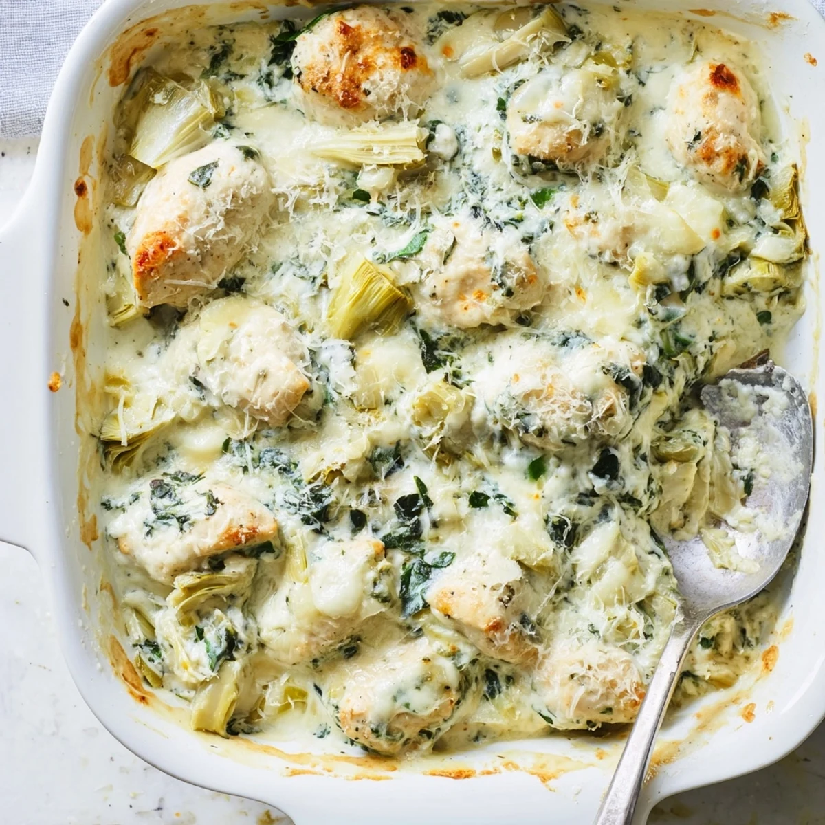 Golden bubbly spinach and artichoke chicken bake fresh from the oven with melted mozzarella
