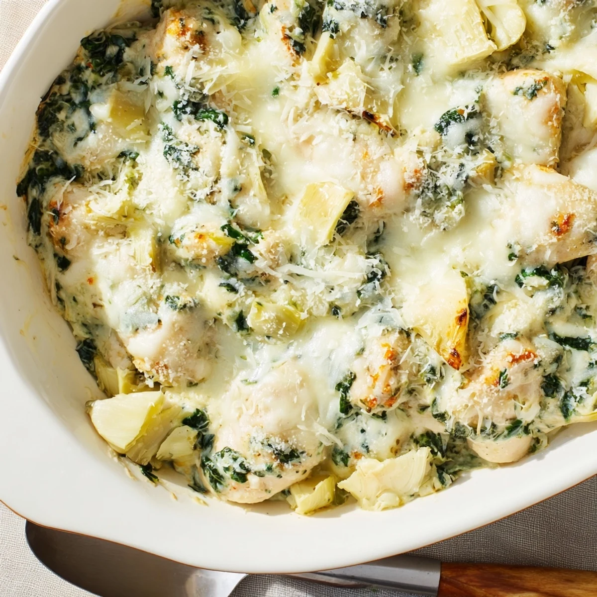 Creamy spinach artichoke chicken bake topped with golden cheese and tender chicken breasts