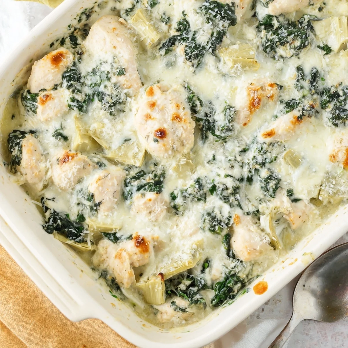 Spoonful of rich spinach and artichoke chicken bake showing cheesy layers and tender chicken