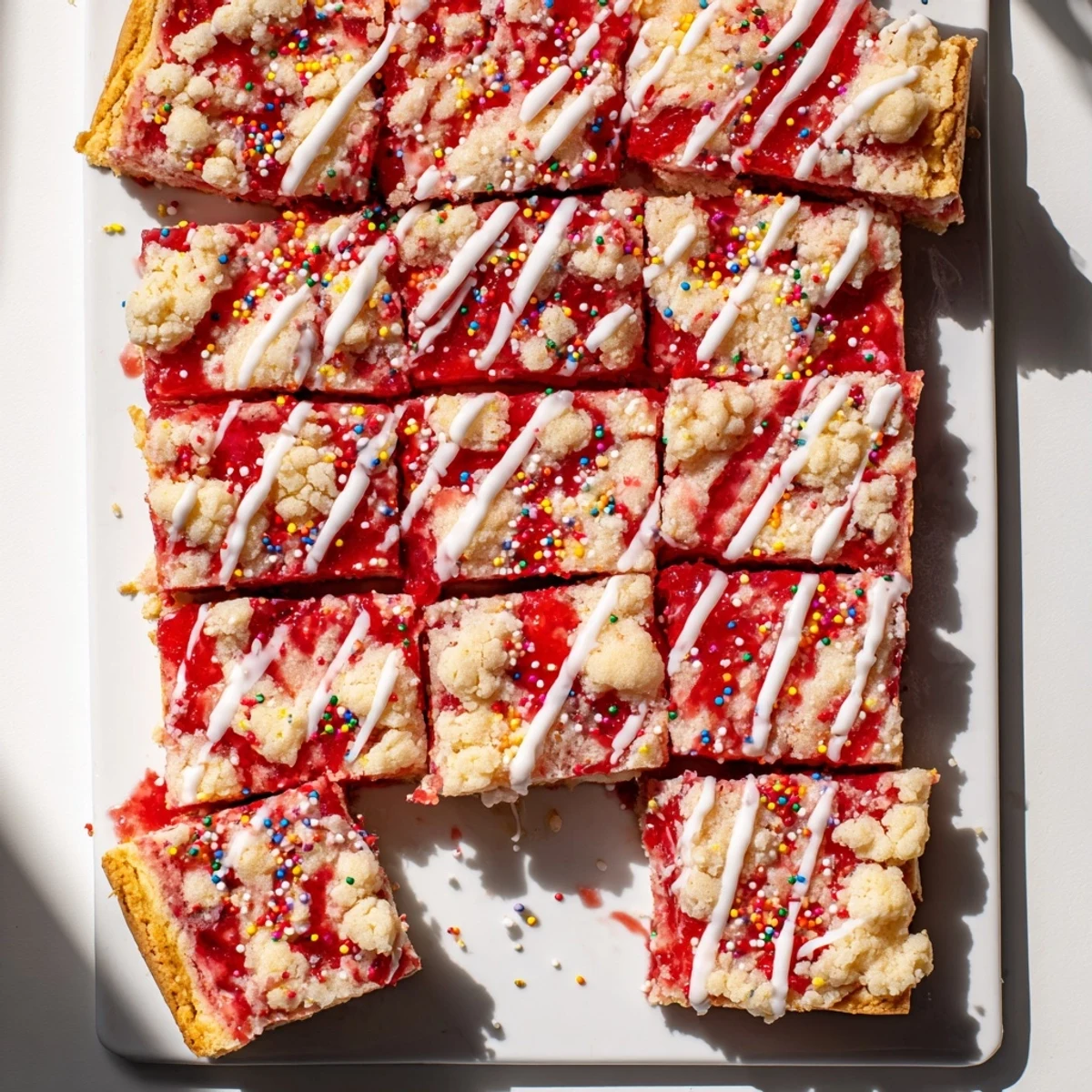Soft sugar cookie base topped with fruity jam and sweet vanilla icing on nostalgic dessert bars