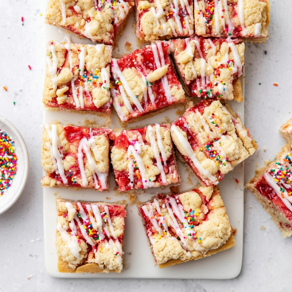 Homemade Pop-Tart cookie bars featuring strawberry jam layers and white glaze with rainbow sprinkles