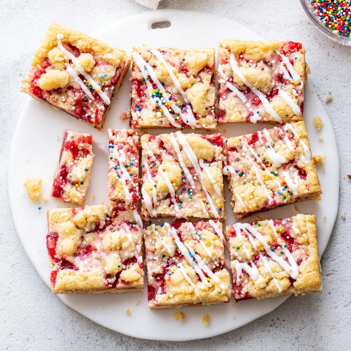 Golden baked dessert squares with strawberry jam filling, drizzled glaze, and colorful sprinkle topping