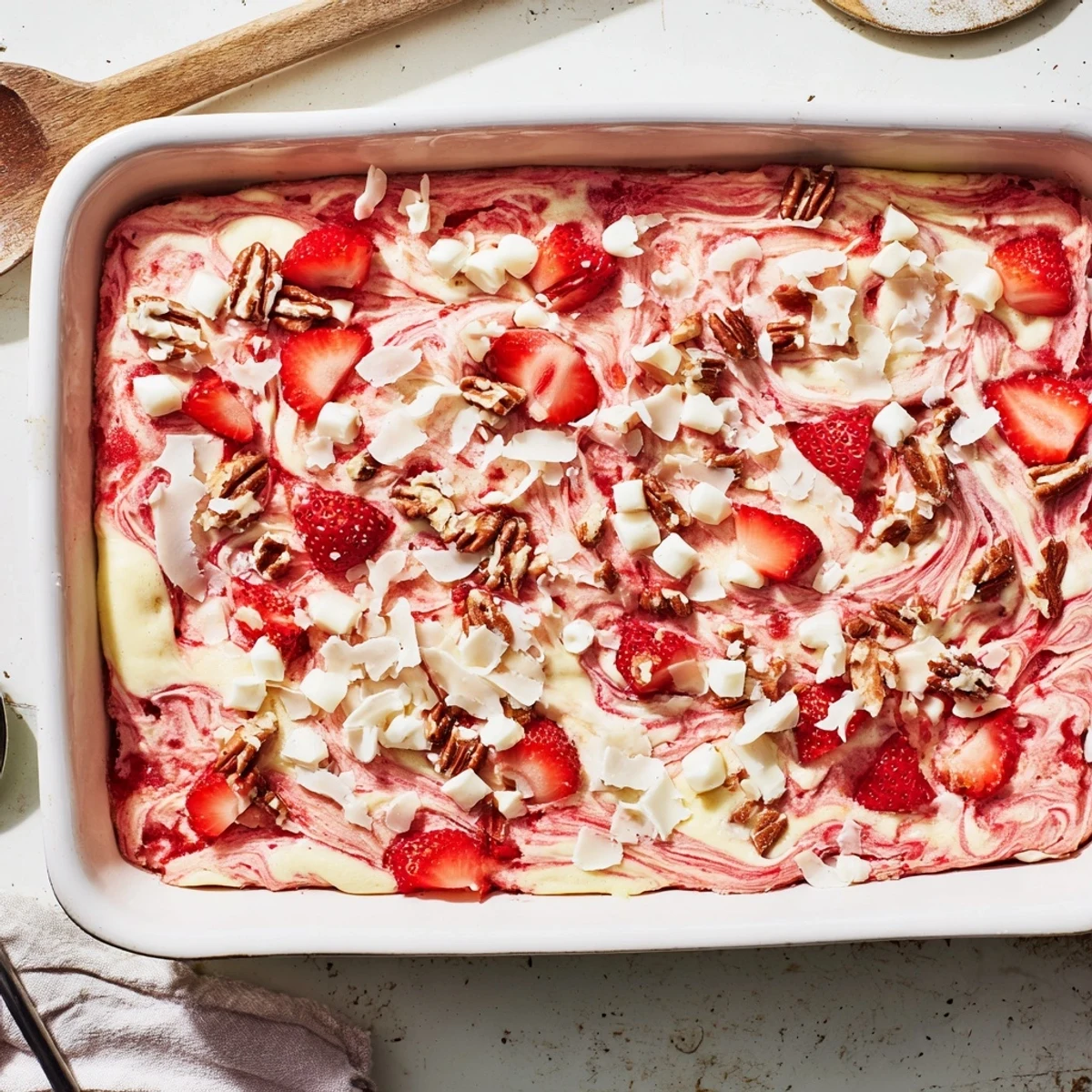 Decadent strawberry earthquake cake with swirled cream cheese and white chocolate chips