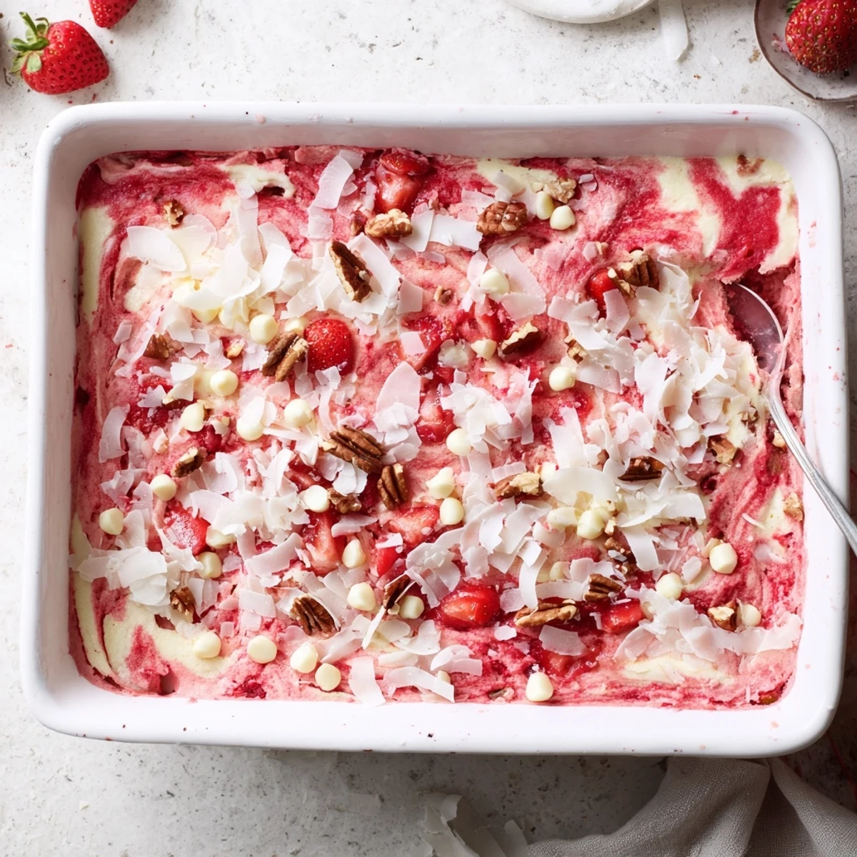 Fresh strawberry topped earthquake cake featuring creamy marbled cream cheese filling and coconut