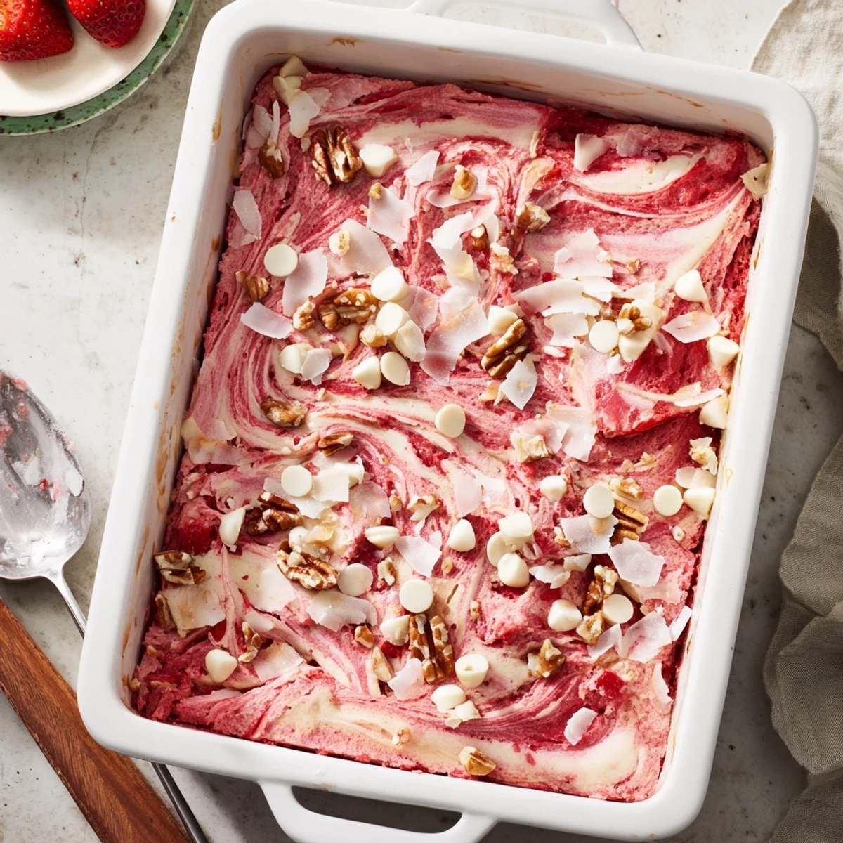 Golden baked strawberry earthquake cake with melted white chocolate and chopped strawberry topping