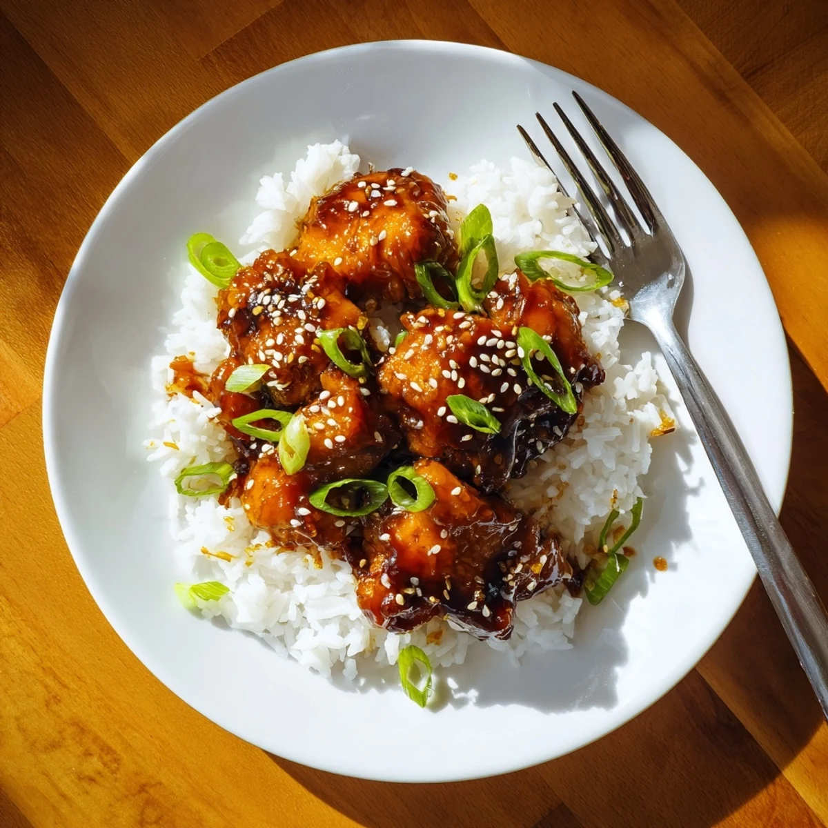 Golden slow-cooked Huli Huli Chicken pieces garnished with sesame seeds and green onions