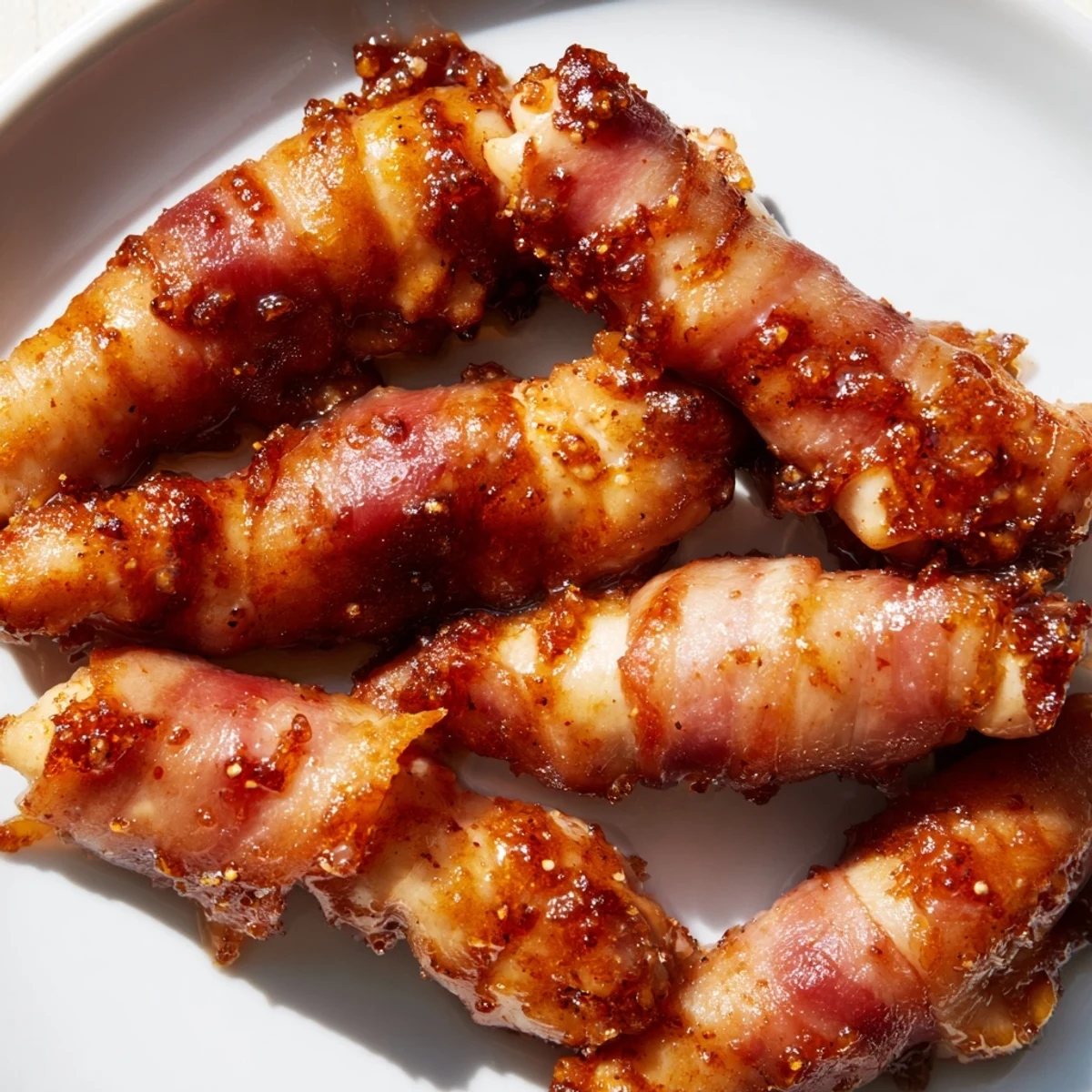 Golden brown sugar chicken tenders wrapped in smoky bacon ready for serving