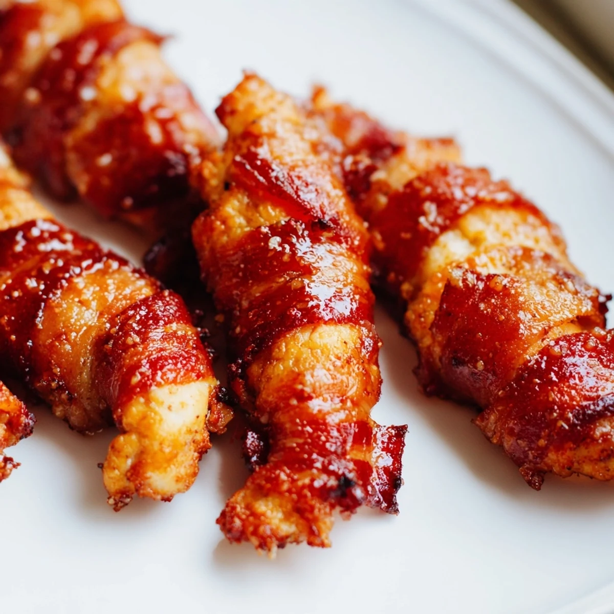 Juicy bacon wrapped chicken tenders coated in brown sugar mixture on wire rack