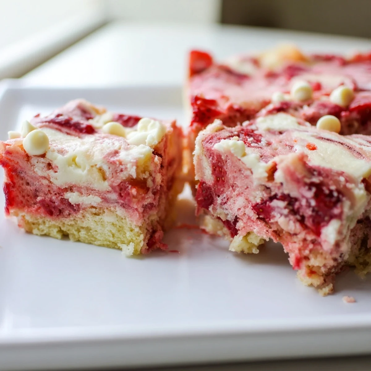 Gooey Strawberry Earthquake Cake with marbled cream cheese swirls and fresh strawberry chunks