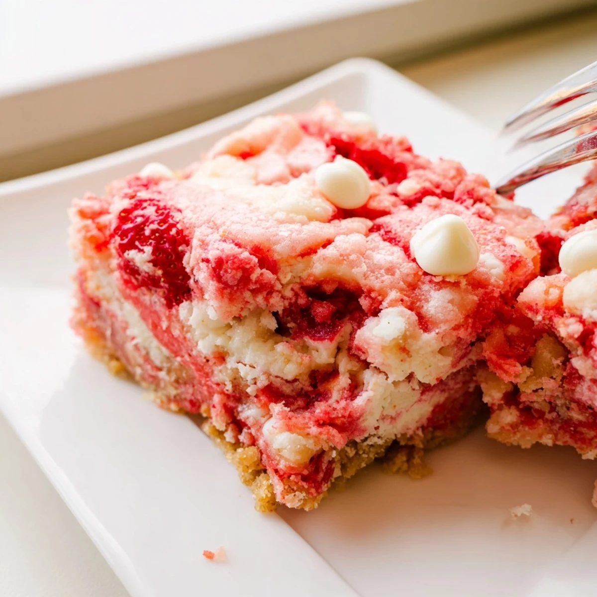 Slice of Gooey Strawberry Earthquake Cake showing white chocolate chips and coconut topping