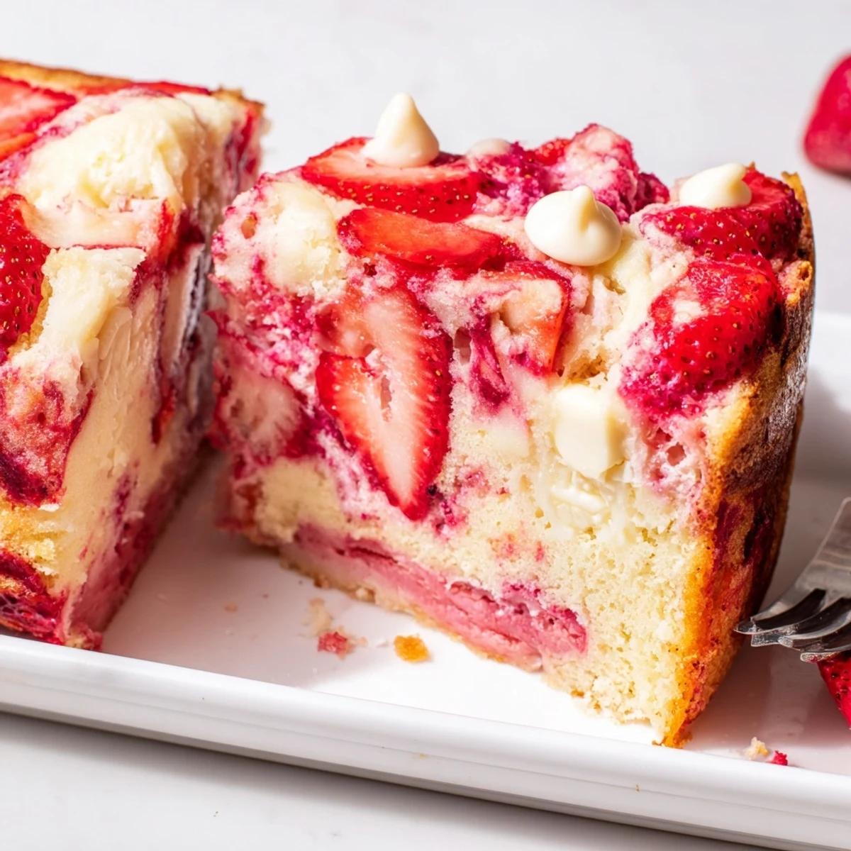Warm Gooey Strawberry Earthquake Cake served on white plate with melted cream cheese pockets