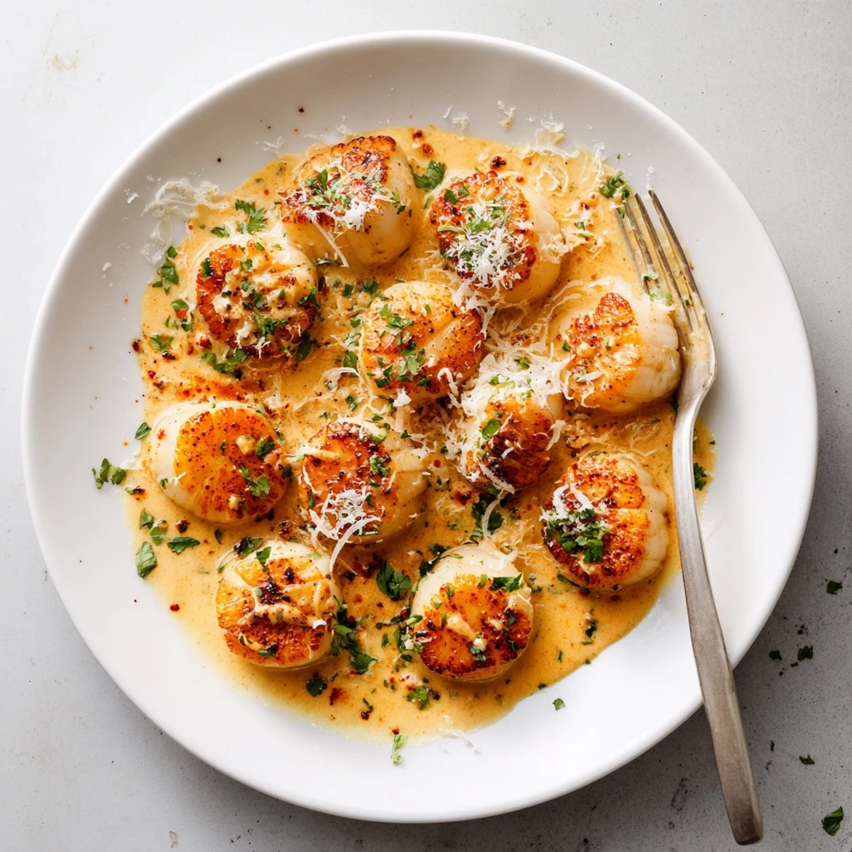 Golden seared scallops rest on a plate drizzled with spicy Cajun cream sauce and fresh parsley