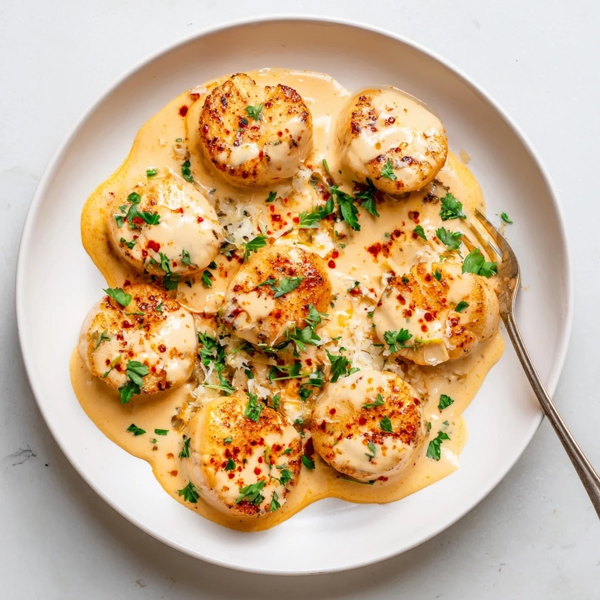 Succulent pan-seared scallops topped with rich creamy Cajun sauce and served for an elegant dinner