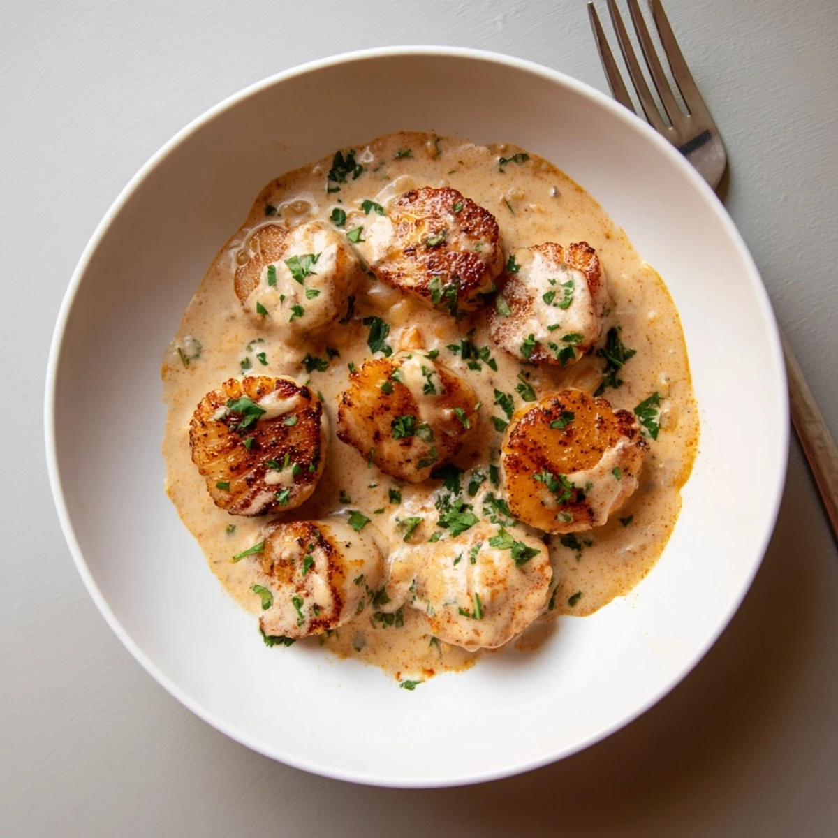 Perfectly cooked sea scallops in a spicy Cajun cream sauce with golden edges and parmesan