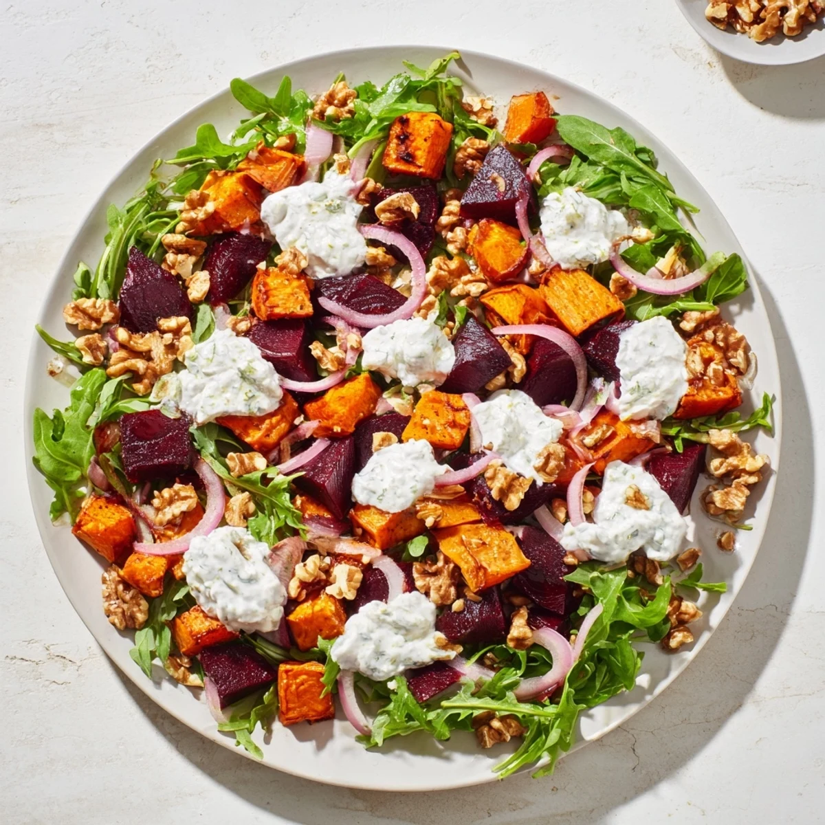 Golden roasted beets and sweet potatoes topped with crumbled feta and creamy yogurt dressing in a vibrant layered salad