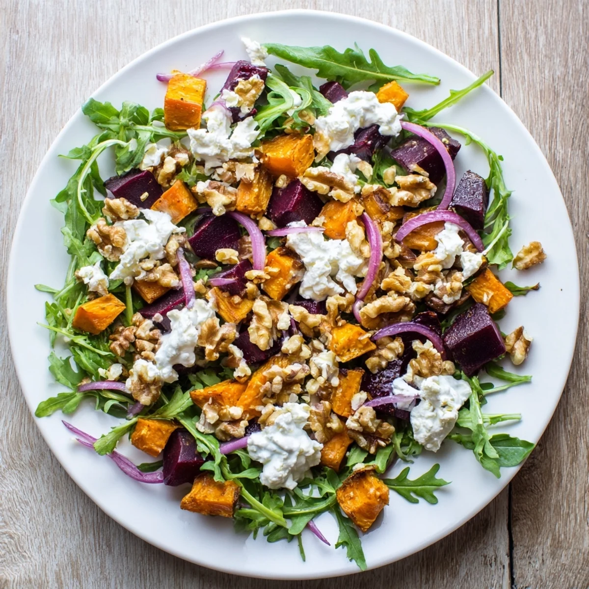 Colorful bowl of creamy roasted beet salad featuring sweet potatoes, arugula, and tangy feta cheese drizzled with honey dressing