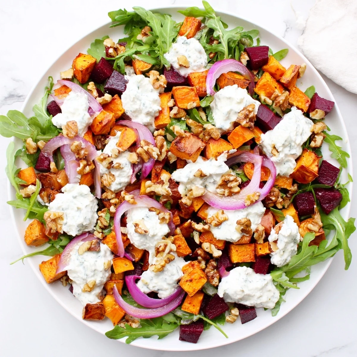 Platter of roasted beet and sweet potato salad arranged over fresh greens with crunchy walnuts and velvety feta crumbles