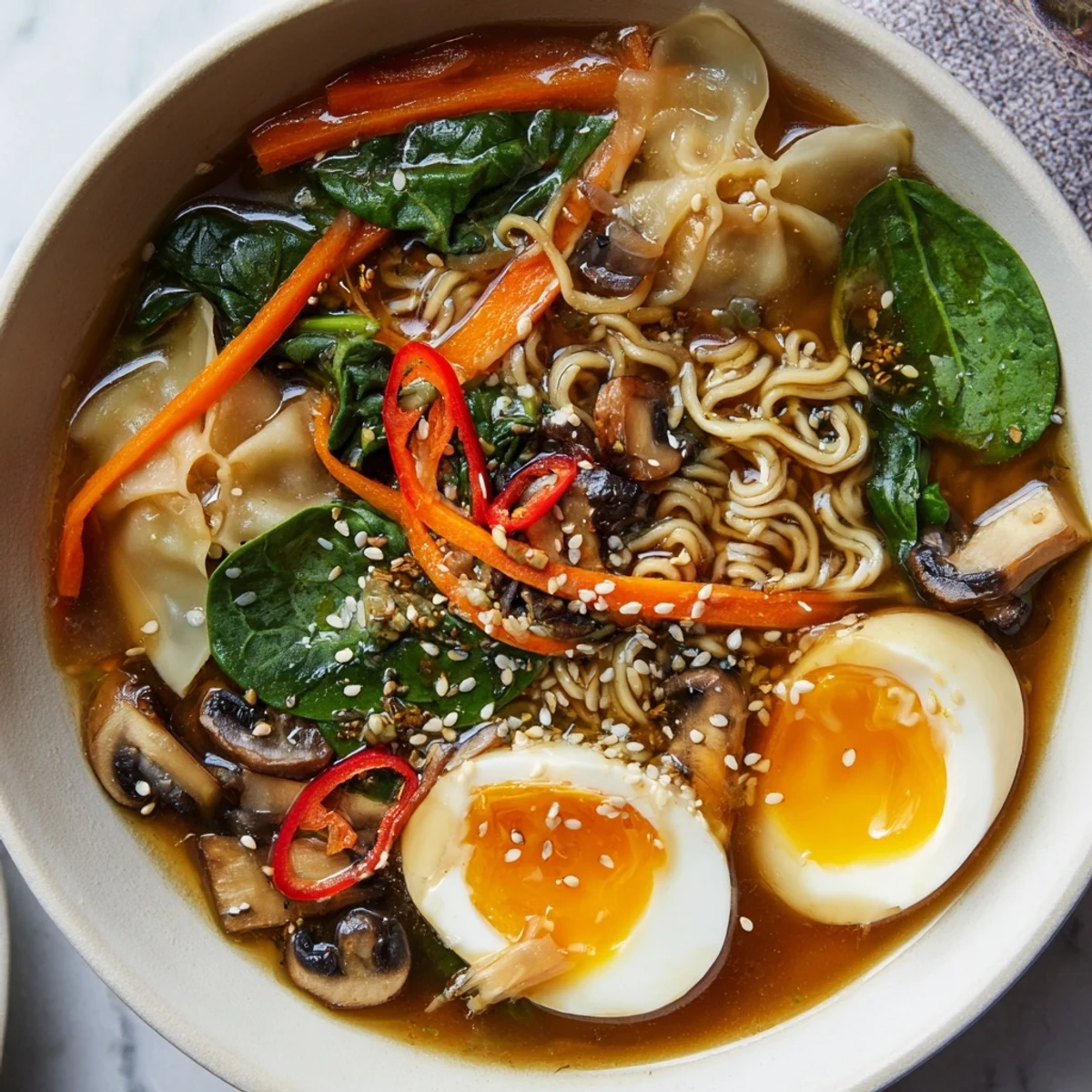 Comforting dumpling ramen bowl with floating dumplings, shiitake mushrooms, carrots, and green onions garnished with sesame seeds