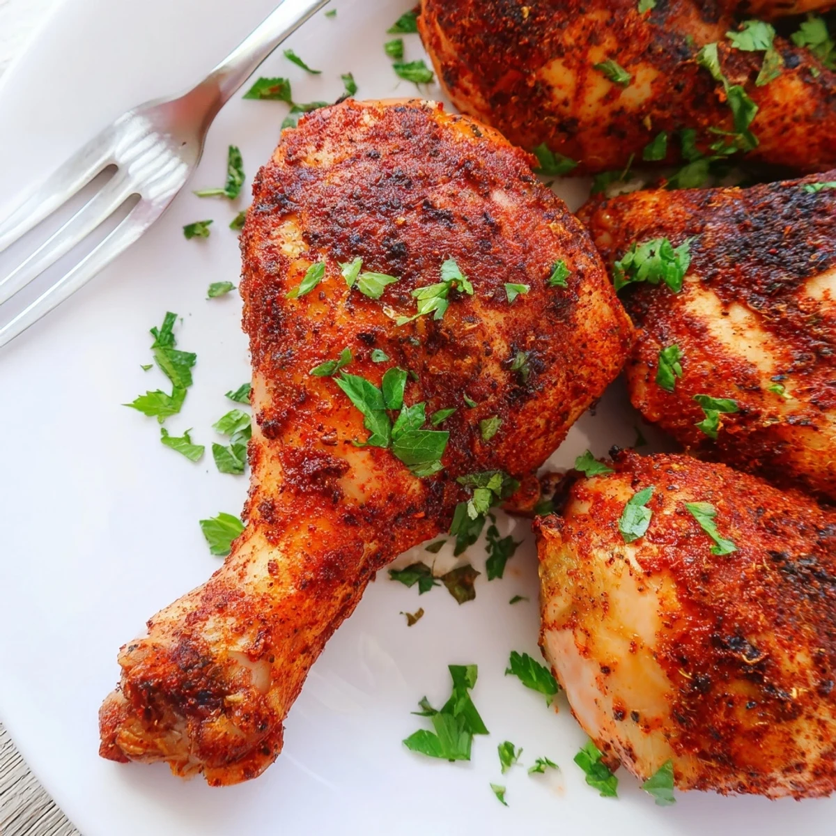 Golden roasted paprika chicken legs with crispy skin and juicy meat served on a white plate