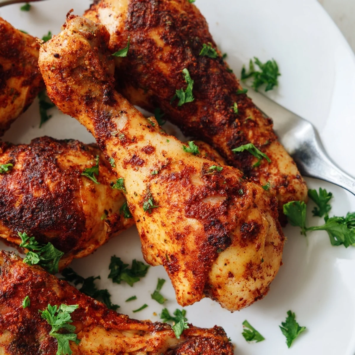 Tender paprika chicken legs with reddish seasoning resting alongside bright lemon wedges