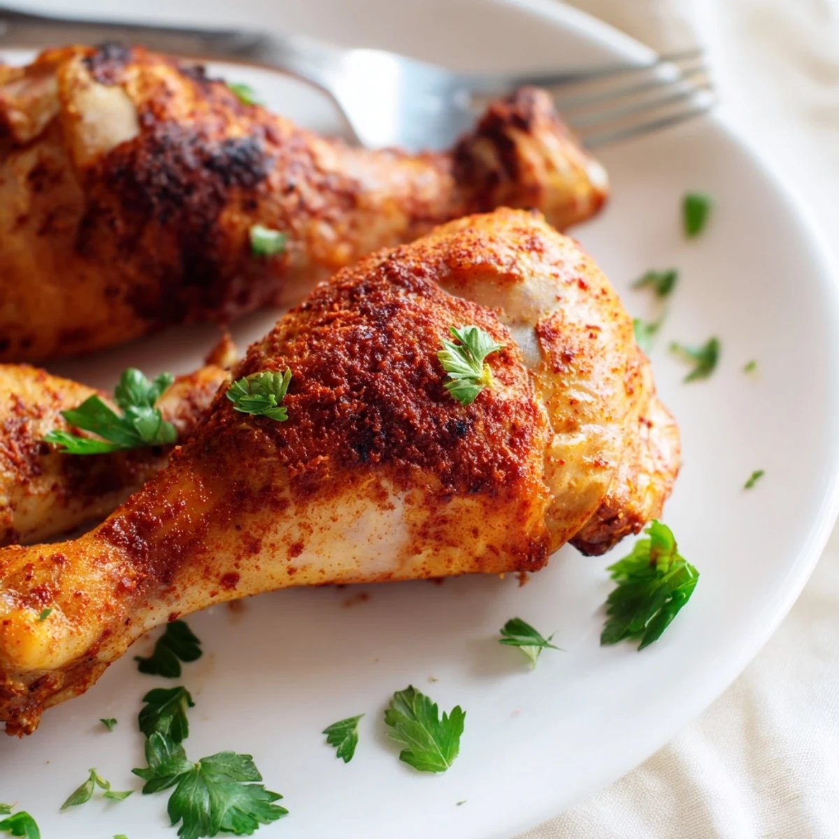 Spice-rubbed paprika chicken legs arranged on a baking sheet with fresh parsley garnish