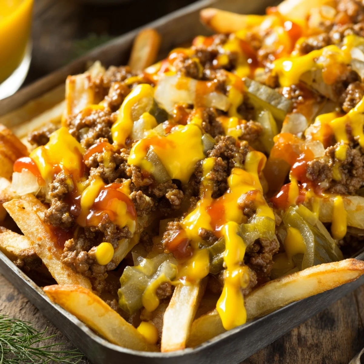 Golden crispy French fries top this hearty cheeseburger French fry casserole with melted cheddar cheese