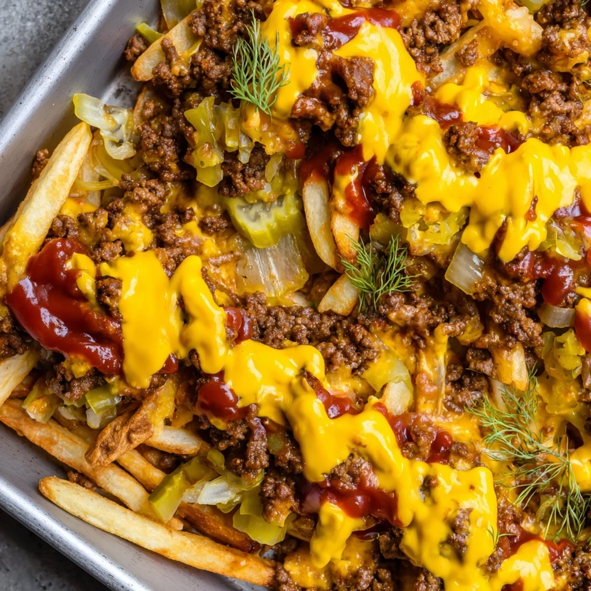 Savory ground beef mixture layered under crispy fries in this bubbling cheeseburger French fry casserole