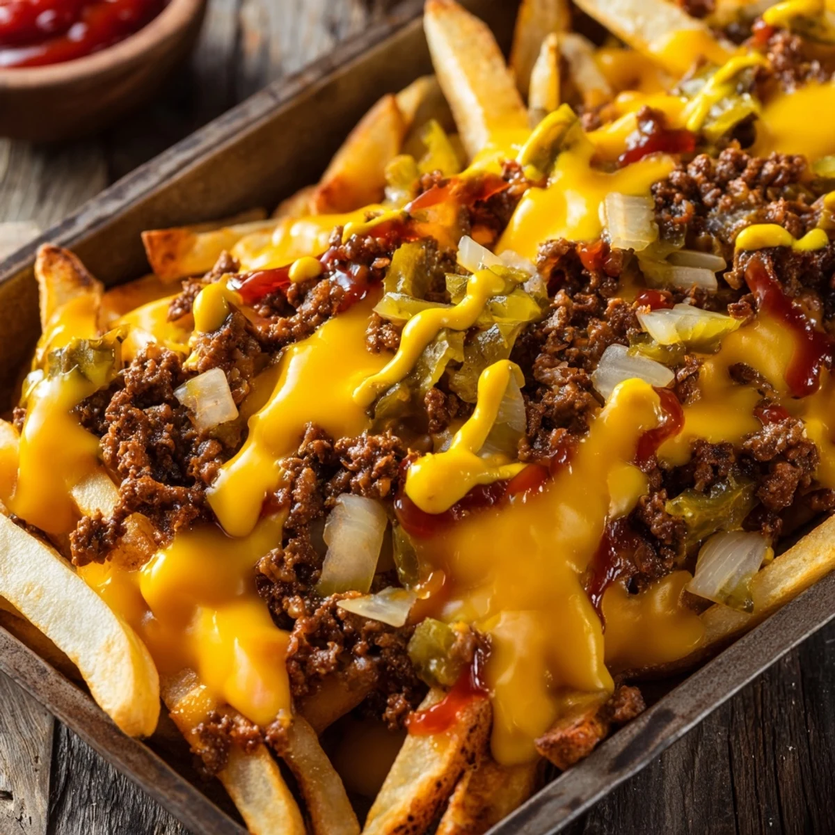 Family-friendly cheeseburger French fry casserole featuring seasoned beef, tangy pickles, and golden brown potato topping