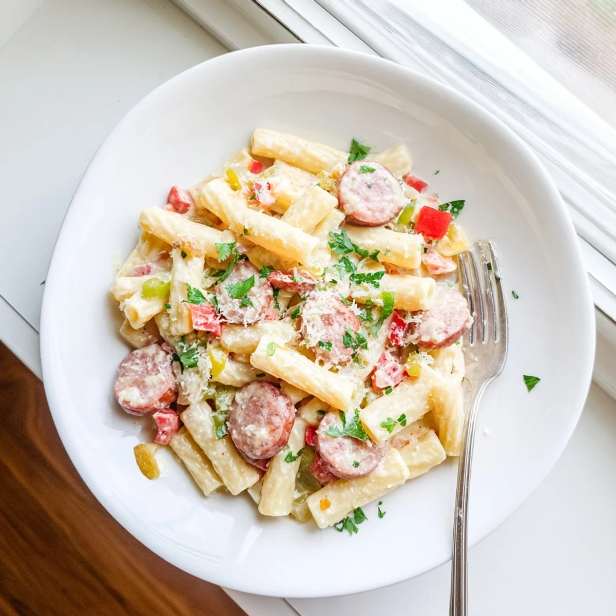 Creamy Cajun sausage pasta with tender penne coated in a spicy red pepper sauce
