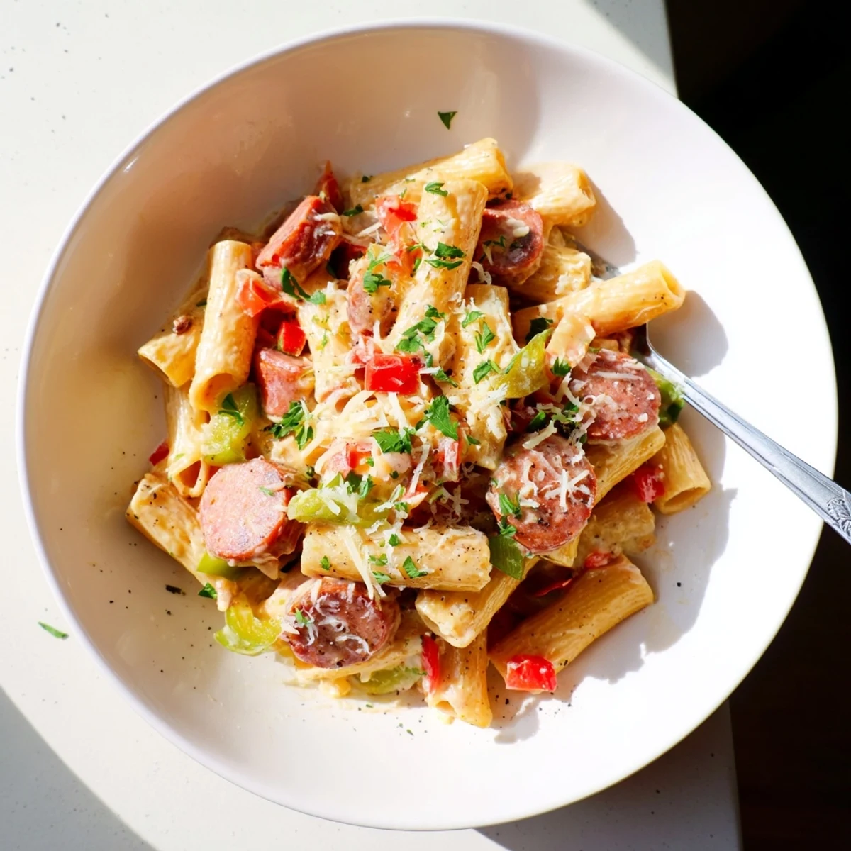 One pot Cajun sausage pasta featuring sliced smoked sausage in a rich Parmesan cream sauce