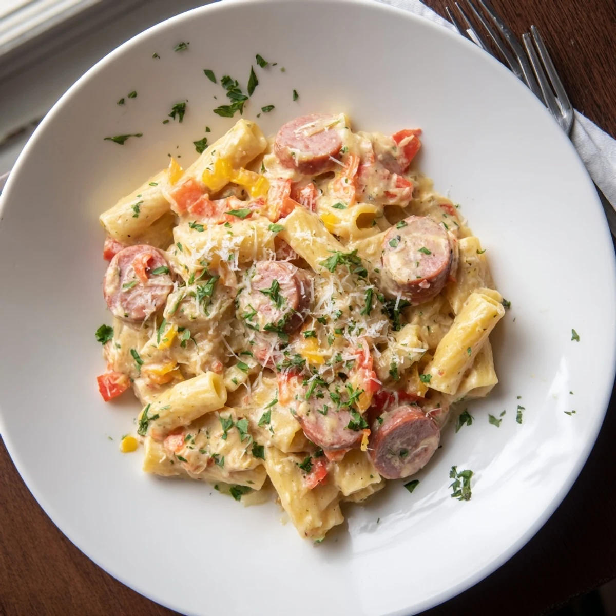 Steaming bowl of Cajun sausage pasta with colorful bell peppers and fresh parsley garnish
