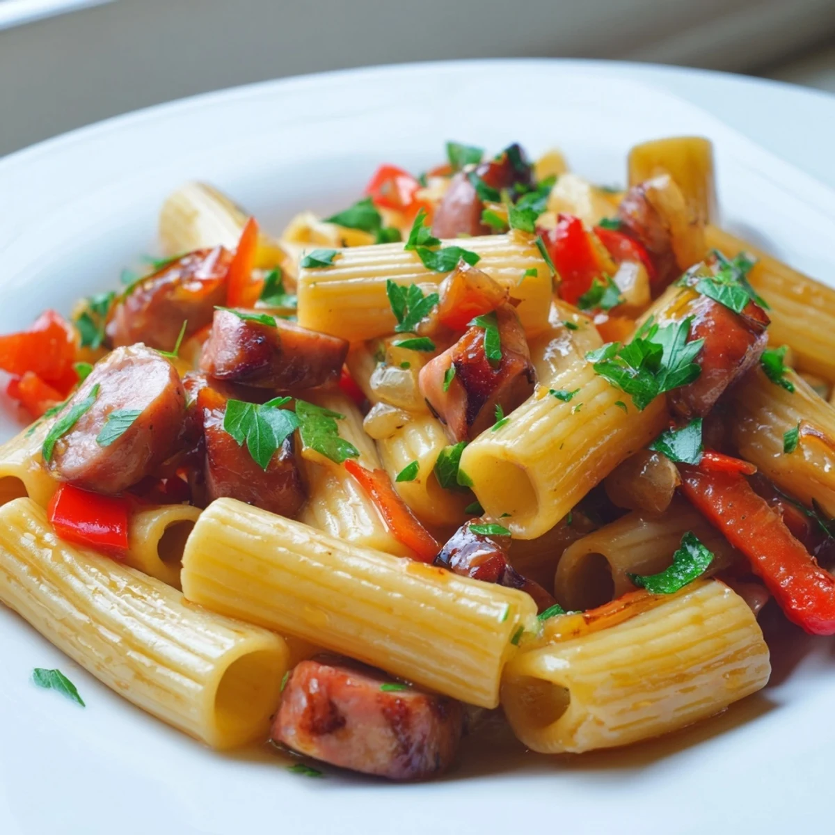 Golden sausage and penne pasta tossed in a glossy honey garlic skillet sauce