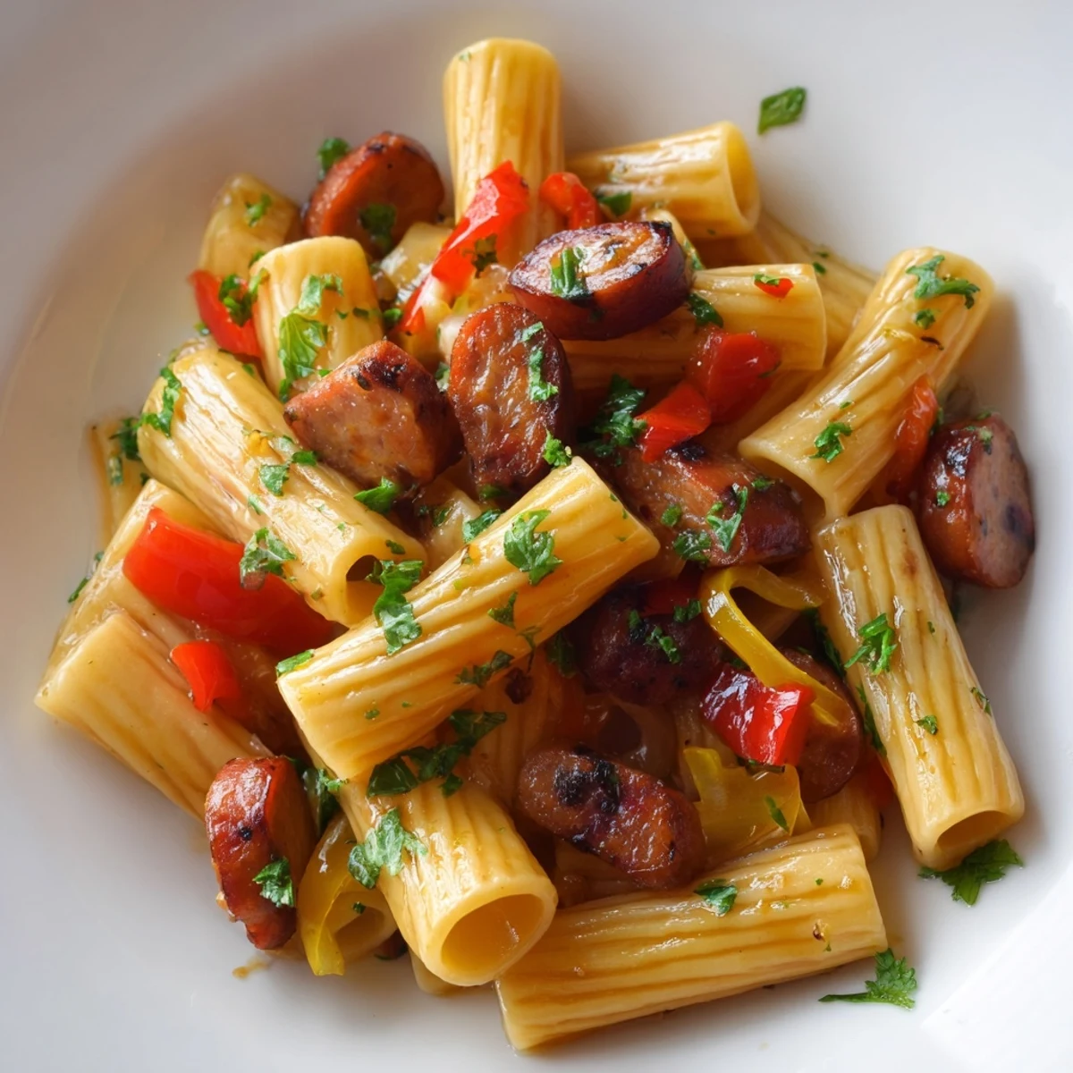 Weeknight dinner of sticky honey garlic sausage pasta with colorful bell peppers and parsley