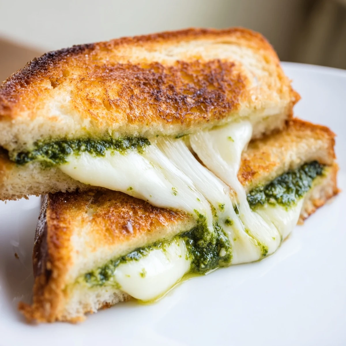 Crispy sourdough pesto grilled cheese sandwich oozing with melted cheese on a plate