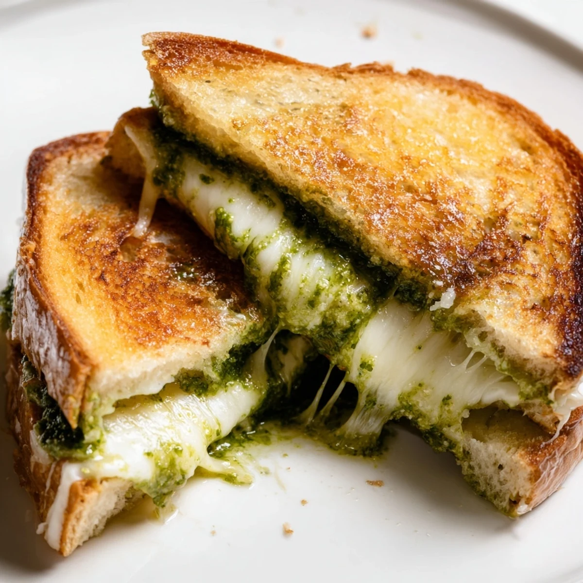 Golden pesto grilled cheese sandwich with melted mozzarella on a cutting board