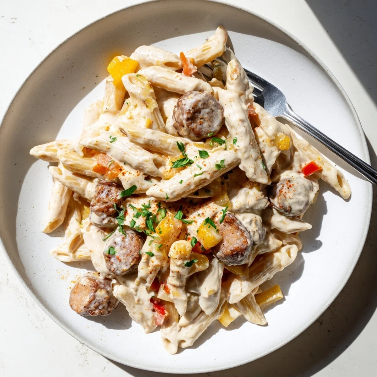 Creamy Cajun sausage pasta in a white bowl topped with fresh green parsley garnish