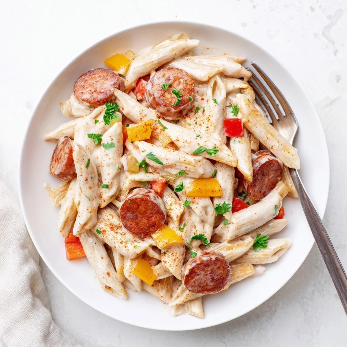 One pot creamy Cajun sausage pasta featuring tender penne coated in spicy red sauce