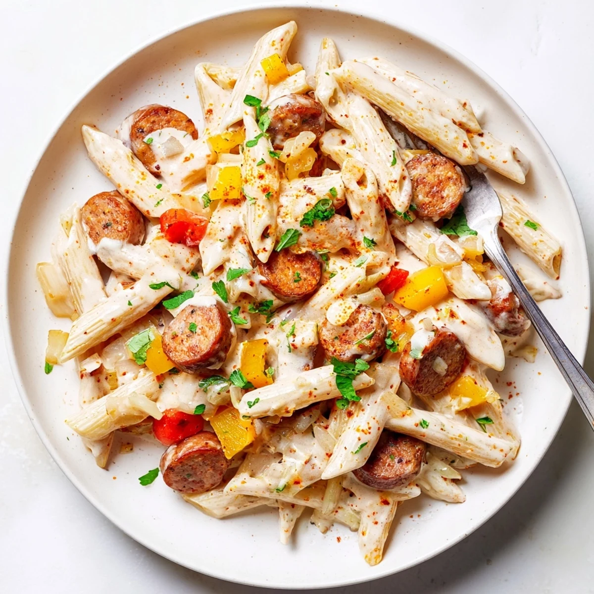 Savory one pot creamy Cajun sausage pasta with sliced andouille sausage and colorful vegetables
