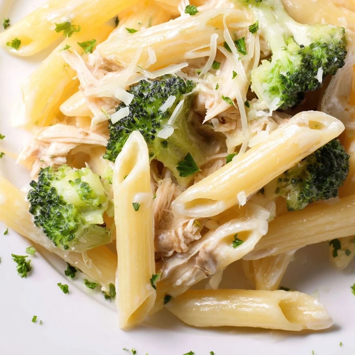 Twirling penne pasta with tender broccoli florets and shredded rotisserie chicken coated in garlic Parmesan sauce