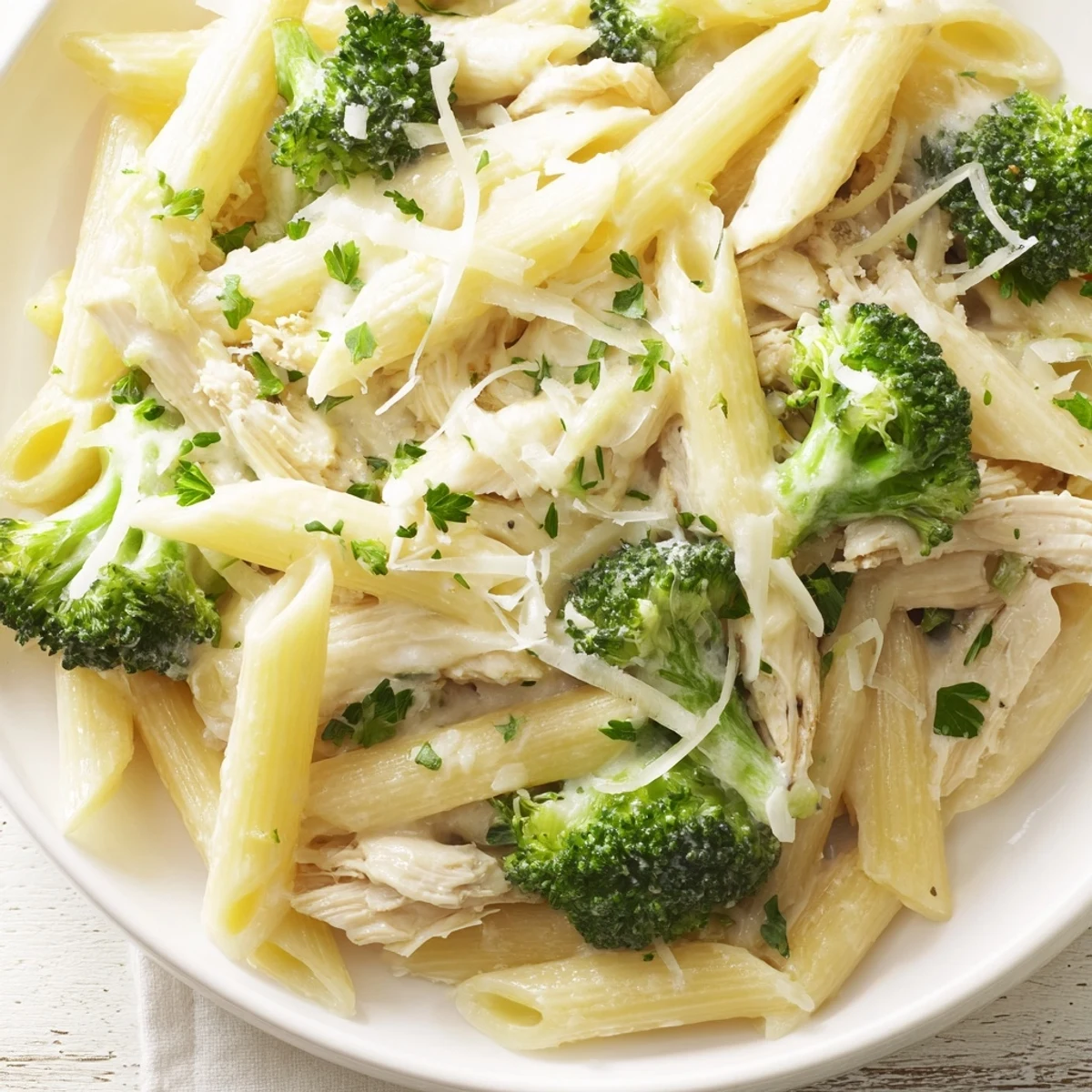 Close-up of rotisserie chicken broccoli pasta with golden chicken pieces and vibrant green broccoli in creamy sauce