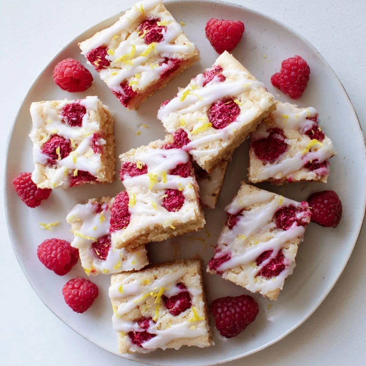 Golden raspberry lemon blondies drizzled with white glaze on a serving plate