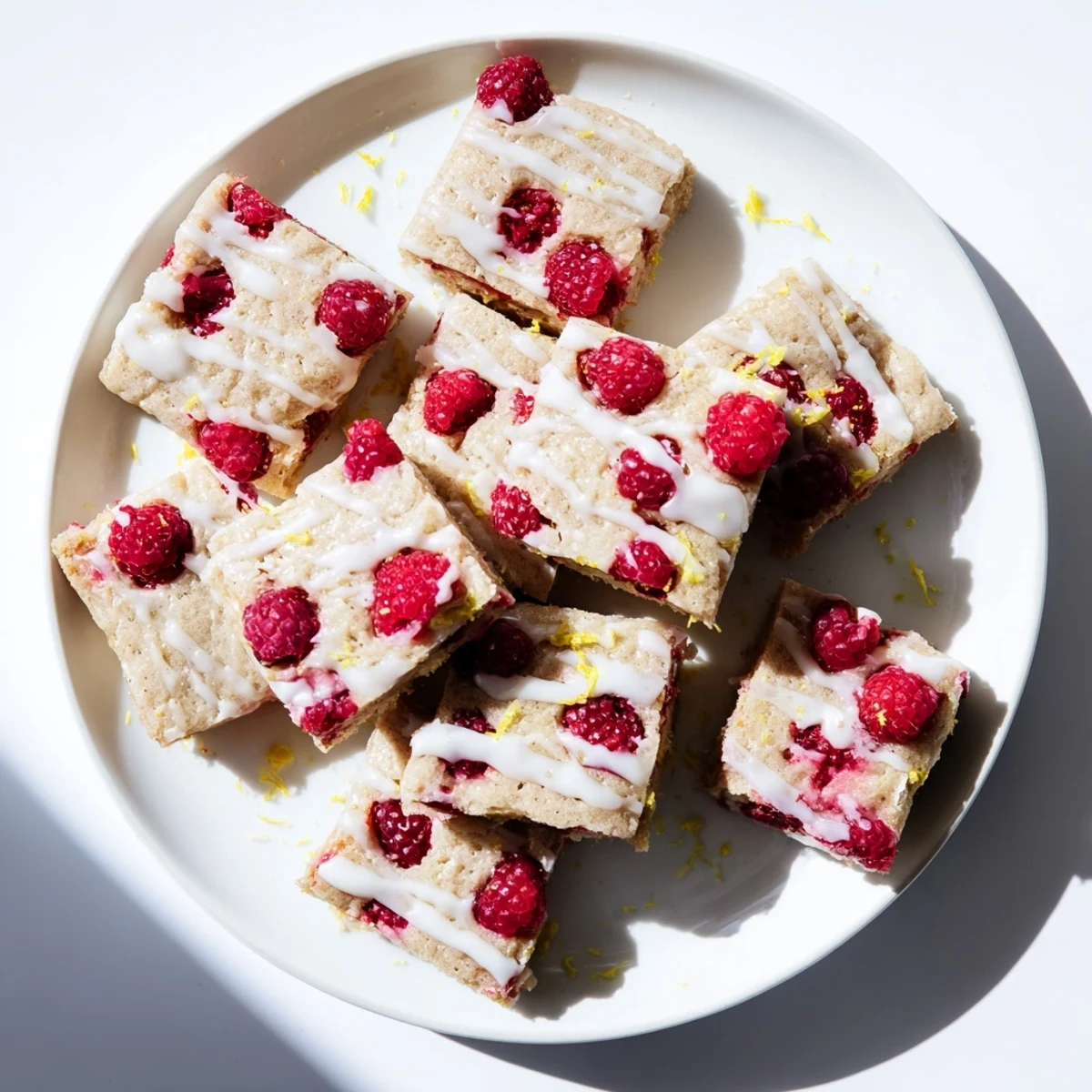 Soft chewy blondies studded with fresh red raspberries and zesty lemon topping
