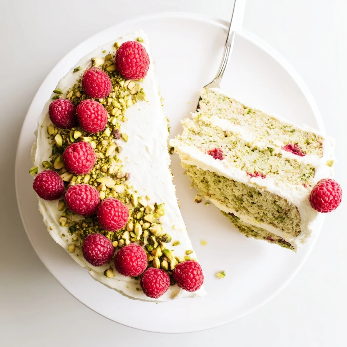 Elegant layered pistachio raspberry cake decorated with chopped nuts and vibrant fresh raspberries