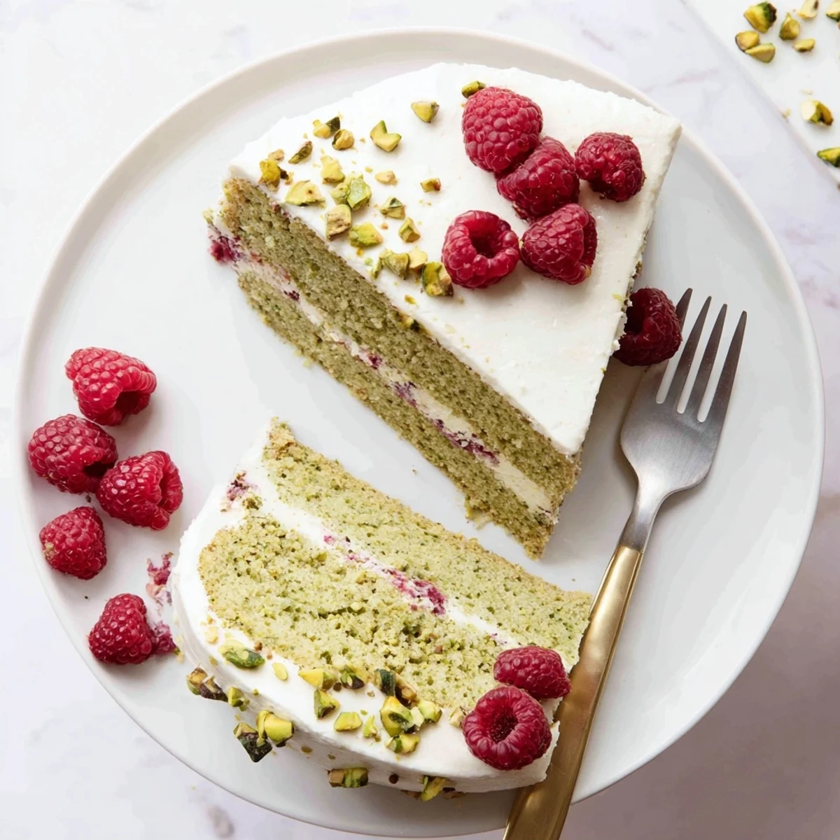 Homemade pistachio raspberry cake slice revealing moist green crumb and tart red berry pieces