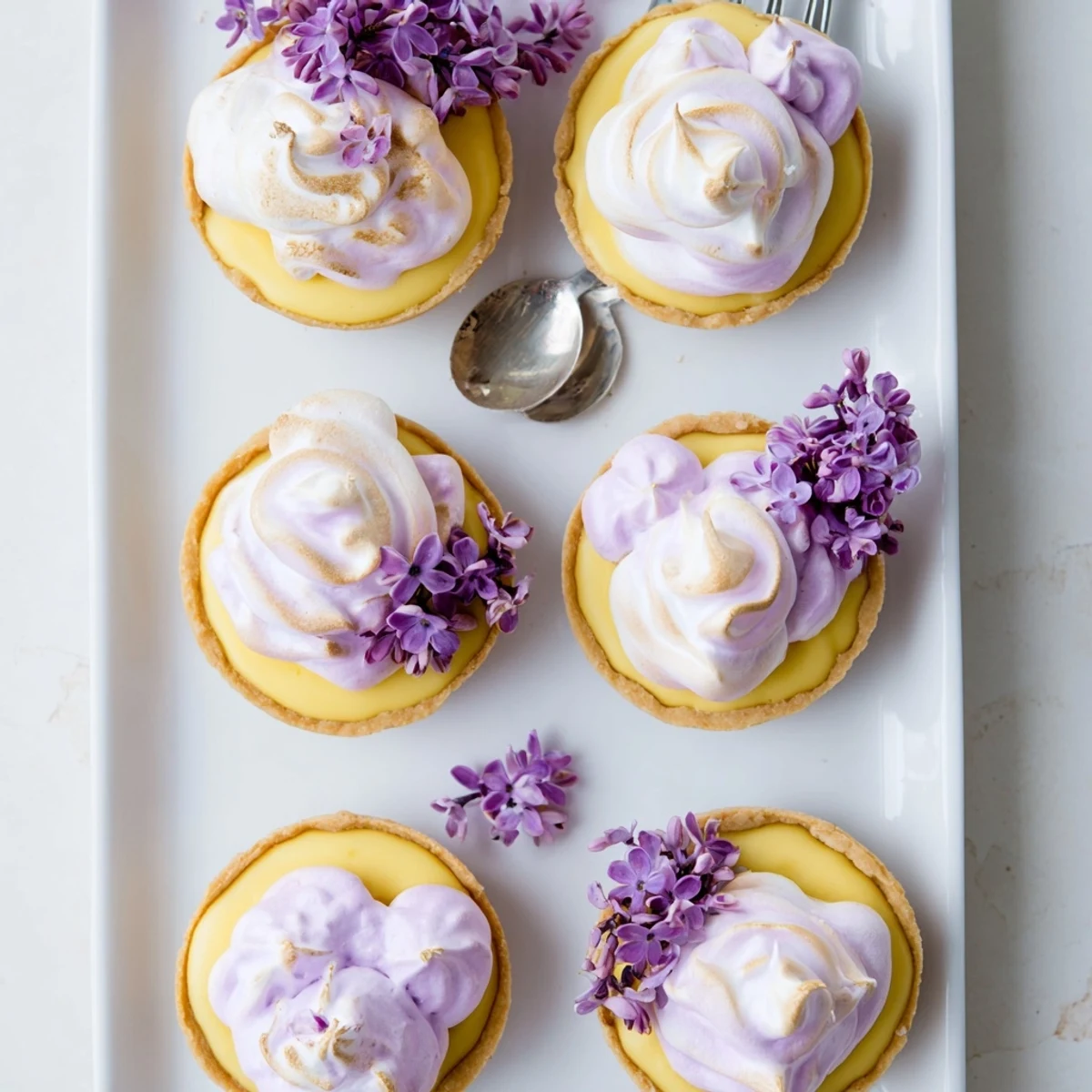Golden mini lemon tart with lilac meringue topped with toasted peaks and fresh lilac blossoms