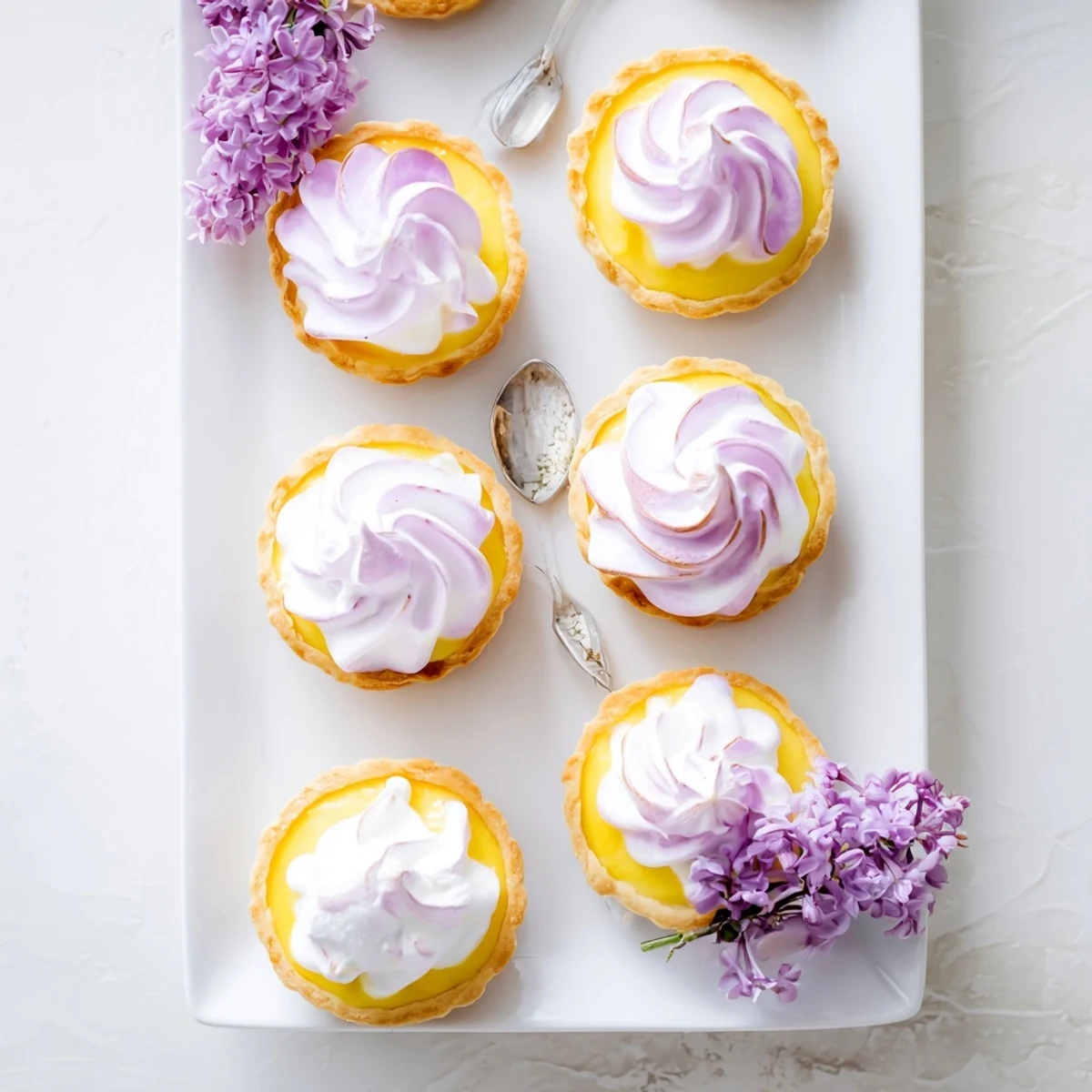 French-inspired mini lemon tart featuring tangy curd beneath lightly browned lilac-scented meringue and petals