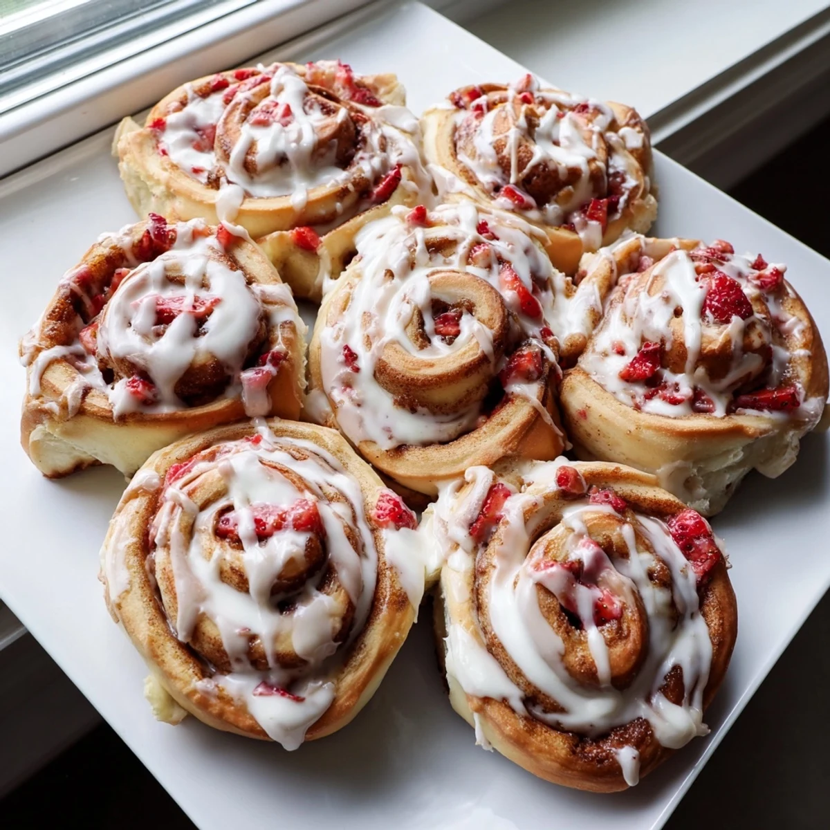 Freshly baked strawberry cinnamon rolls topped with creamy vanilla glaze on a serving plate